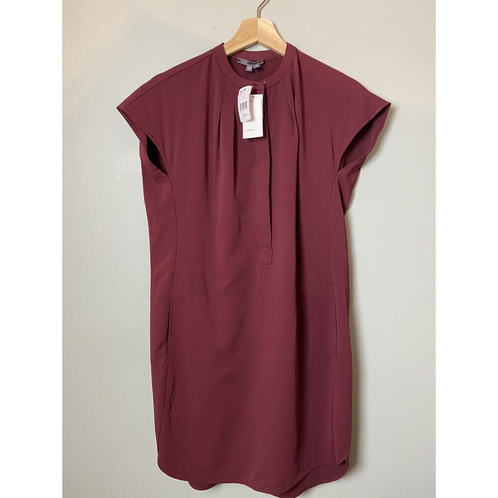 Vince Women's Shirt Short Sleeve Dress With Pockets in Bordeaux Size XXS $485